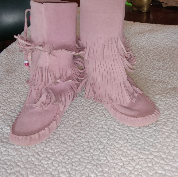 Steve Madden Dusty Pink Leather Apachee Fringed Moccasin Boots size 6.5 - Picture 12 of 15